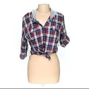 Dots Button-up Hooded Plaid Tie-up Shirt